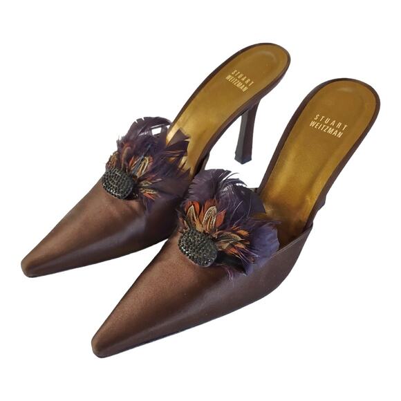 Stuart Weitzman Brown Satin Mule Heels Size 9 Pointy Toes Embellished Feathers - Picture 5 of 12